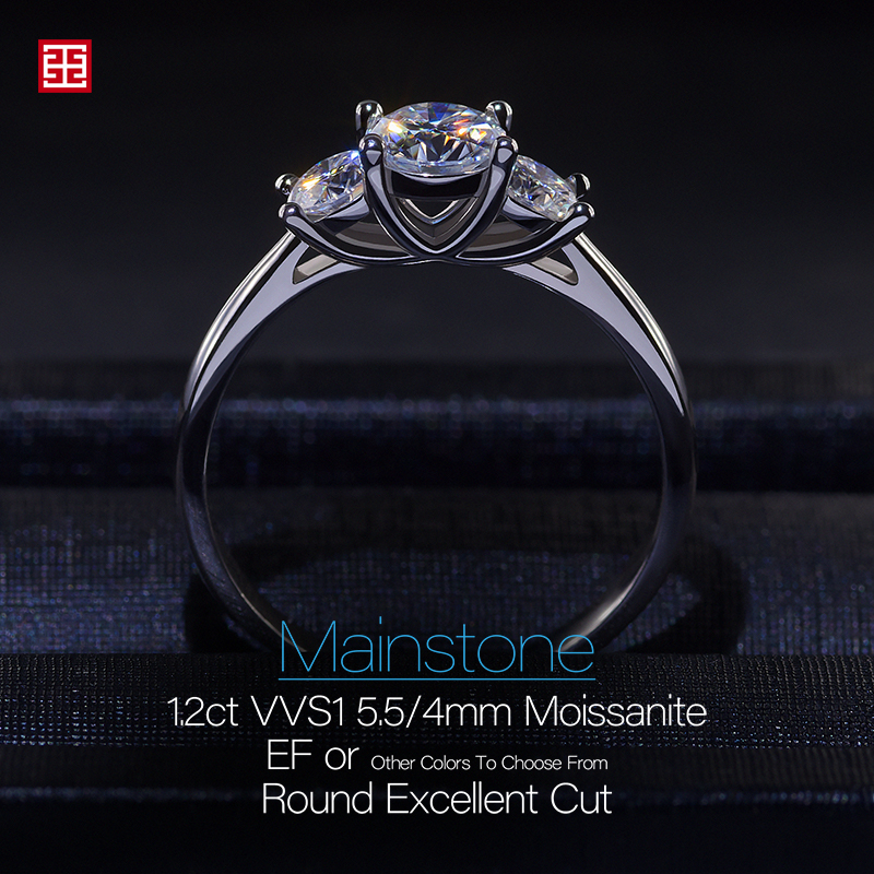 GIGAJEWE Moissanite 1.2ct 5.5mm+2X4.0mm Round Cut EF Color 925 Silver Ring Gold Multi-layer Plated Woman Girlfriend Gift