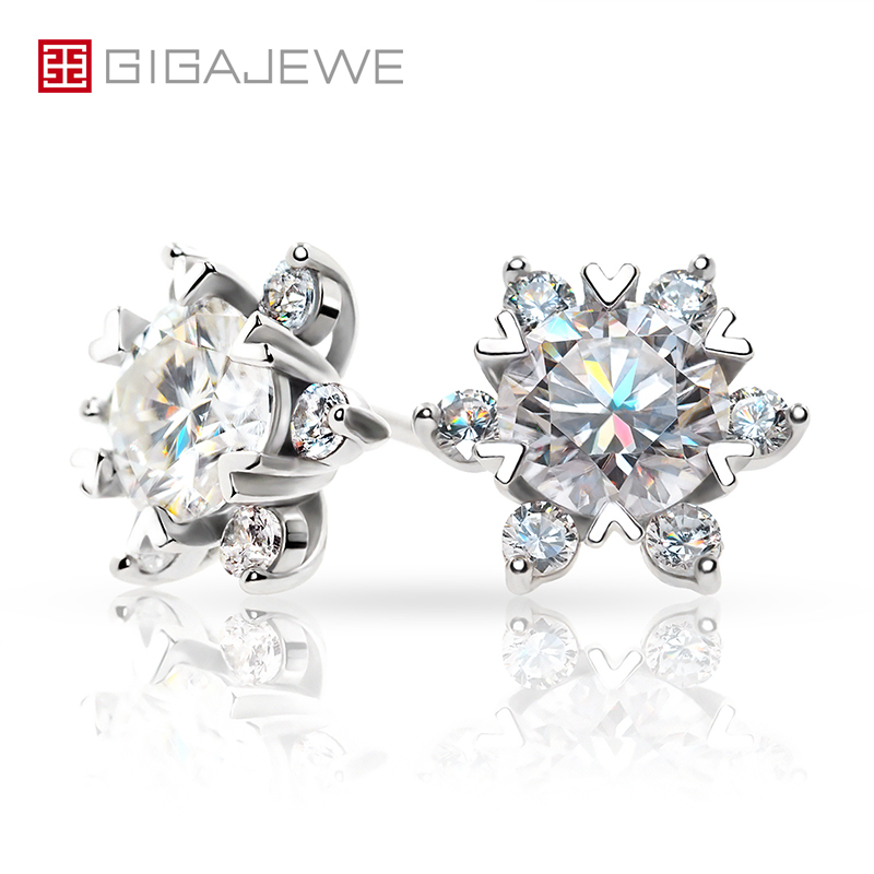 GIGAJEWE Moissanite 6mm Total 1.6ct EF Diamond Test Passed 18K Gold Plated 925 Silver Snowflake Earrings Jewelry Girl Women Gift