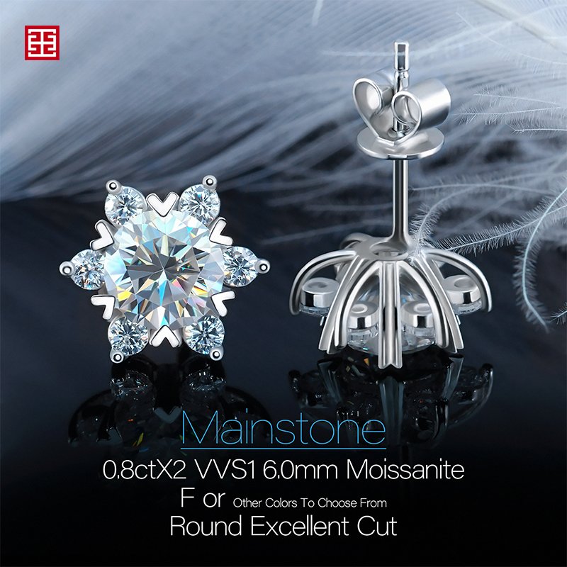 GIGAJEWE Total 1.6ct EF VVS Diamond Test Passed Moissanite White Gold Plated 925 Silver Snowflake Earrings Jewelry Woman Gift
