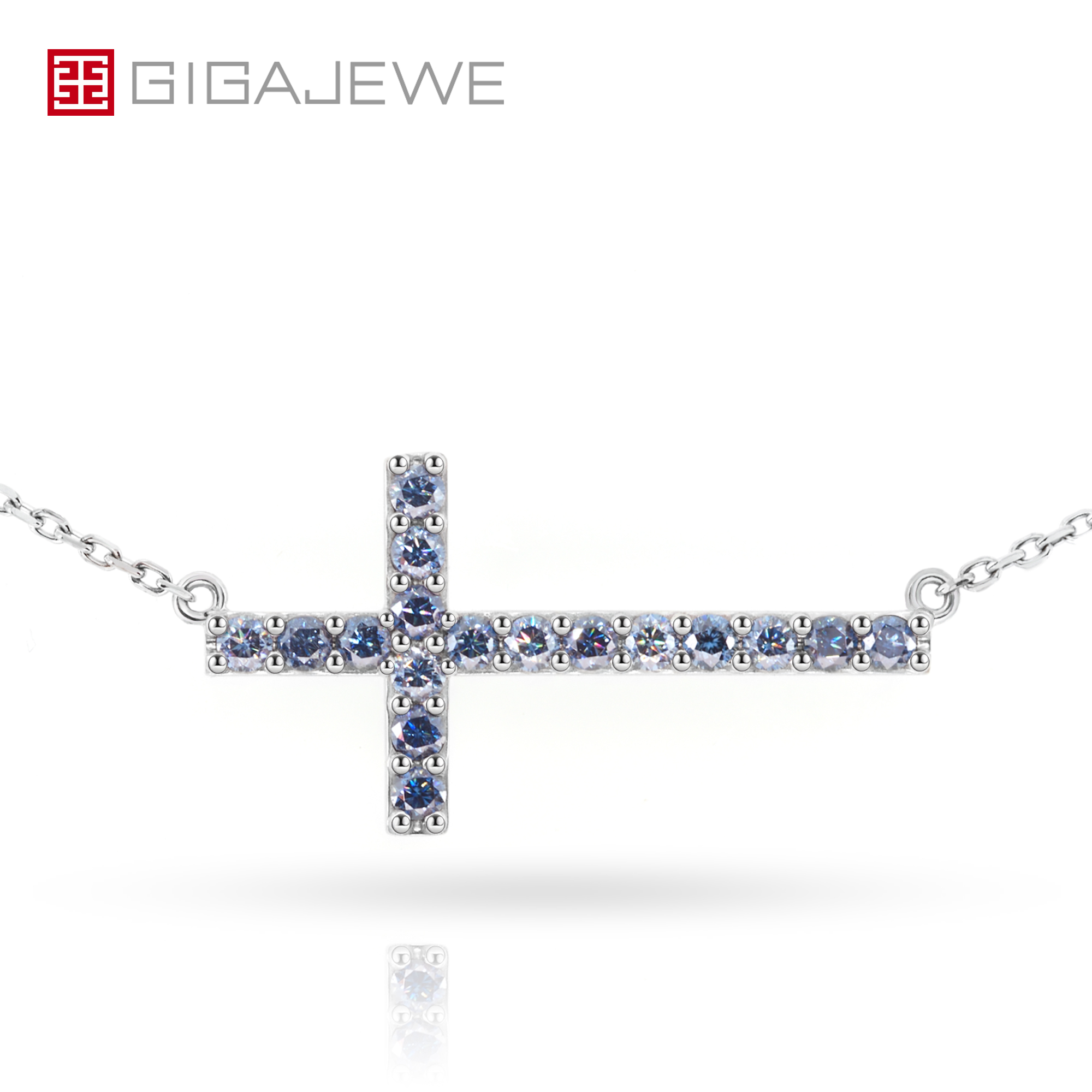 GIGAJEWE 9K/14K/18K White Solid gold 2mm Vivid Blue Round cut Moissanite Diamond Necklace,Engagement Necklace,Wedding Necklace