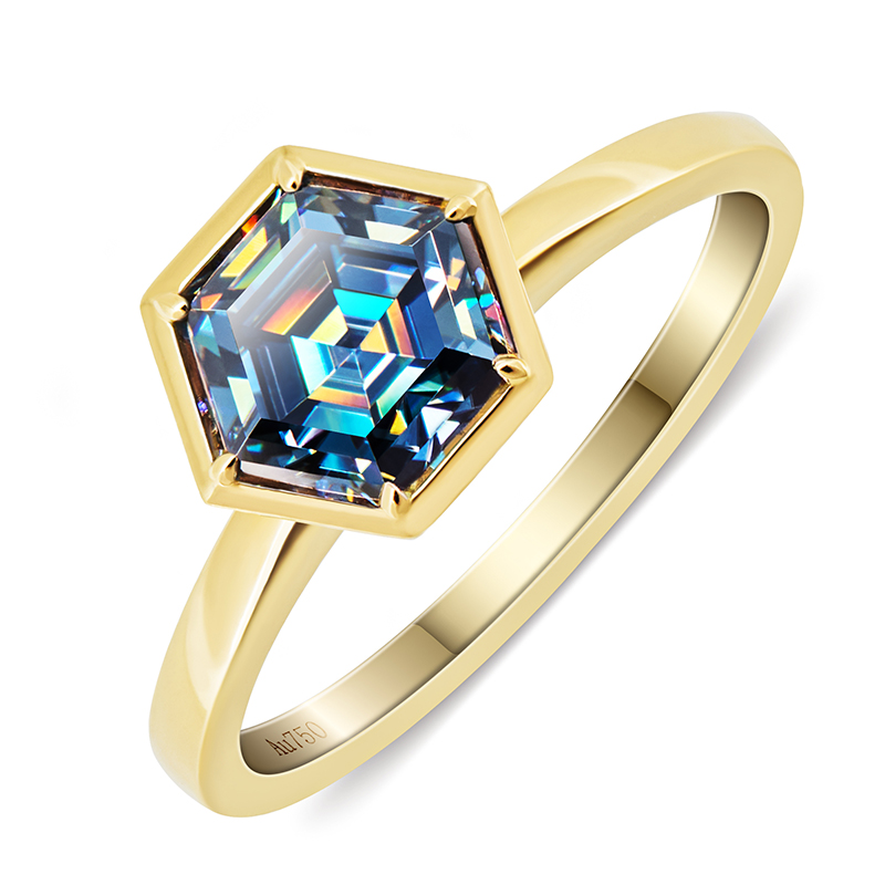 GIGAJEWE Moissanite 1.0ct 6.0mm Hexagon Cut Vivid Yellow Blue Green Color 18K White Gold Ring Jewelry Jewelry Girlfriend Gift