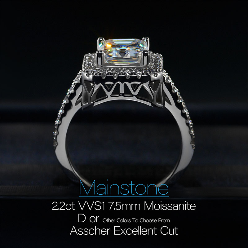 GIGAJEWE Christmas Girl Gift 2.2ct 7.5mm D Colorful Asscher 18K White Gold Plated 925 Silver Moissanite Classic Engagement Ring