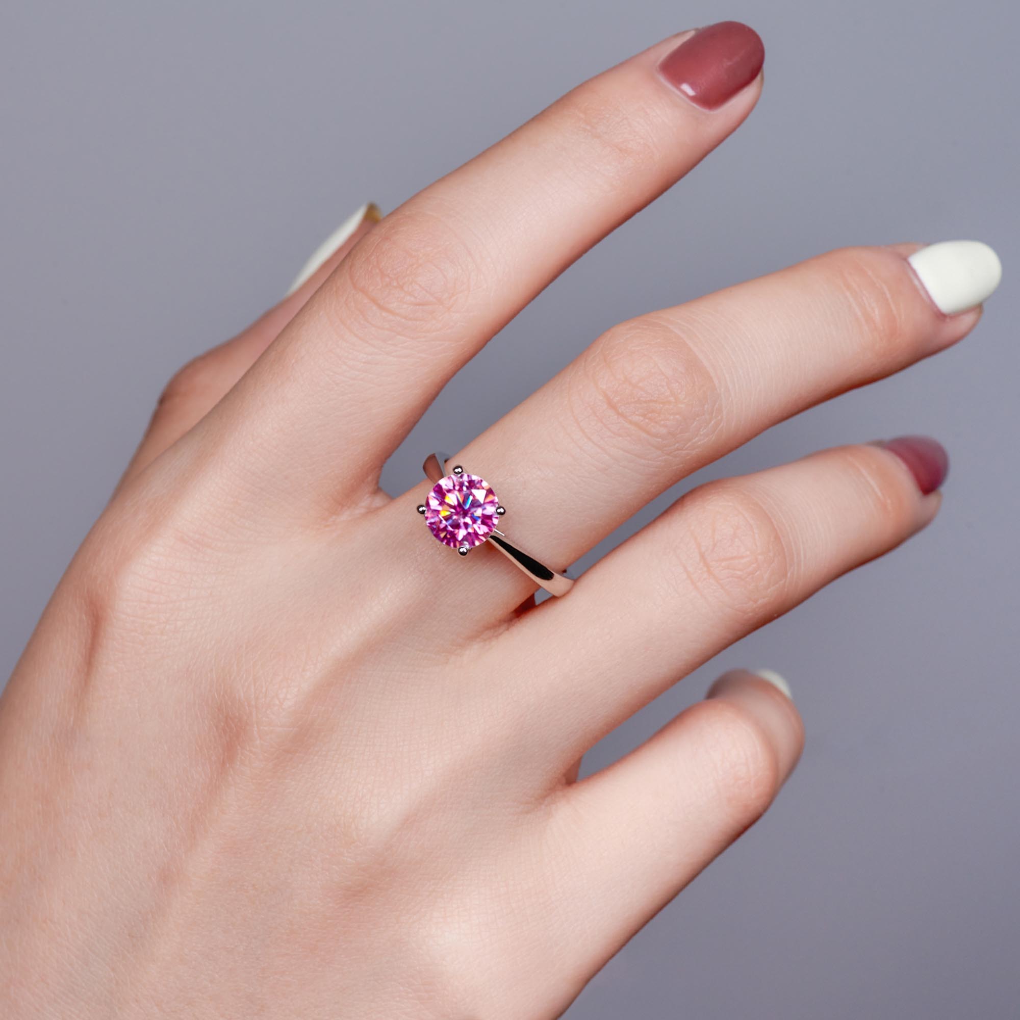 GIGAJEWE Moissanite 2.0ct 8mm Pink Colorful VVS1 Round Cut 925 Silver Ring Diamond Test Passed Fashion Girlfriend Woman Gift