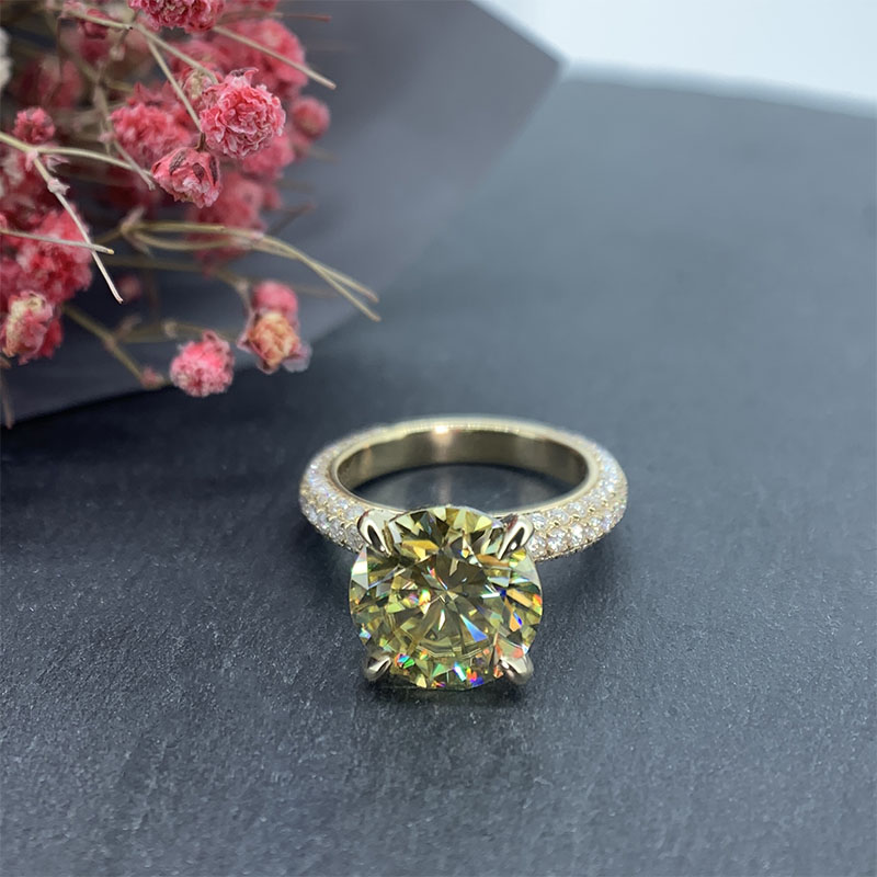 Vivid Yellow Uncoated color 10mm 4ct Round Ring Moissanite 9K/14K/18K Yellow Gold , Moissanite Ring, Engagement Ring, Valentine