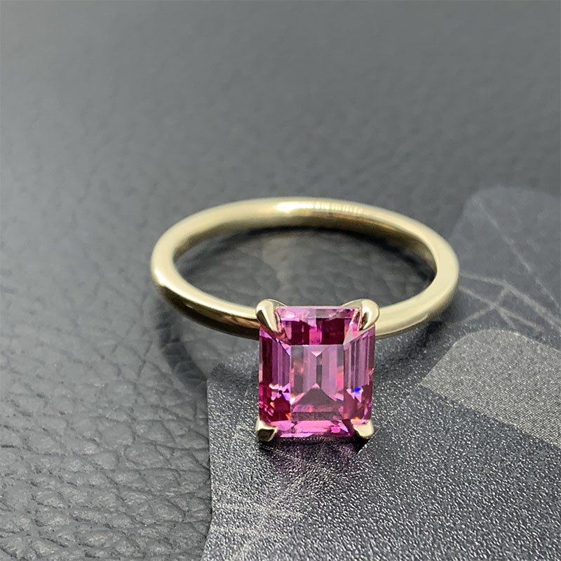 3ct Pink color 7X9mm Emerald Cut Ring Moissanite 9K/14K/18K Yellow Gold , Moissanite Ring, Engagement Ring, Women Gift,Valentine