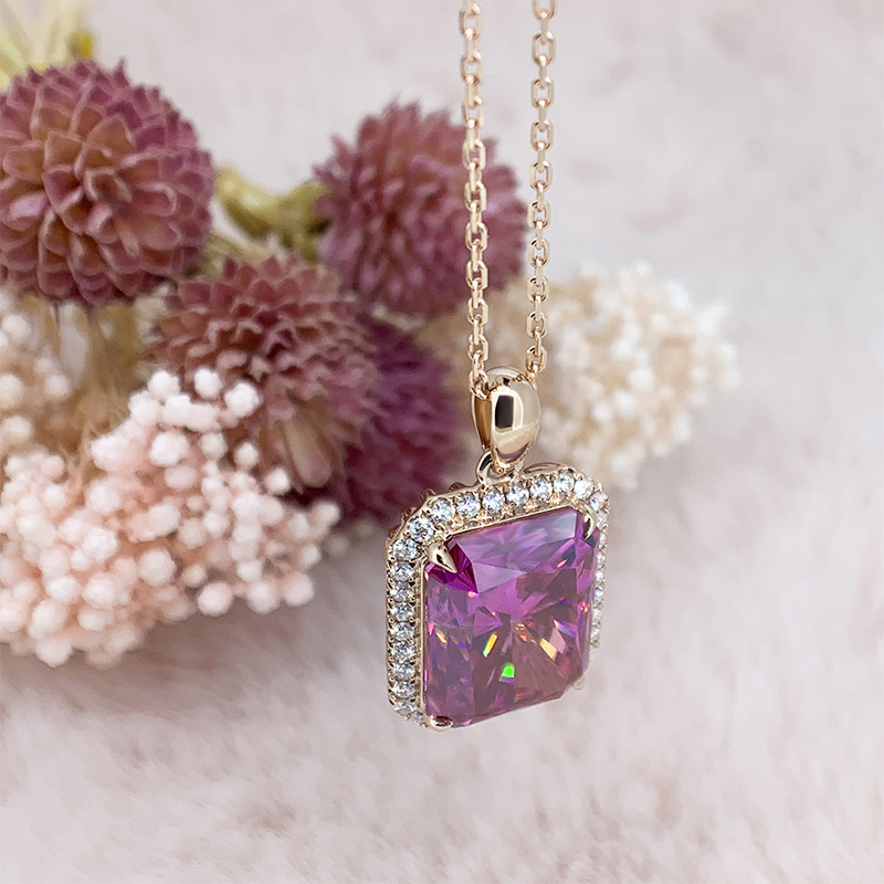 12*16mm 12ct 9K/14K/18K Rose gold Pink Radiant cut Pink Necklace,Moissanite Necklace,Engagement Necklace,Women necklace,Women Gifts