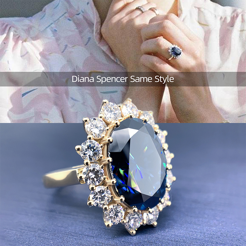 GIGAJEWE 10.0ct Moissanite Dark Blue Diana Same Style Oval 18K Yellow Gold Ring Jewelry Anniversary Wedding Engageme Woman Gift