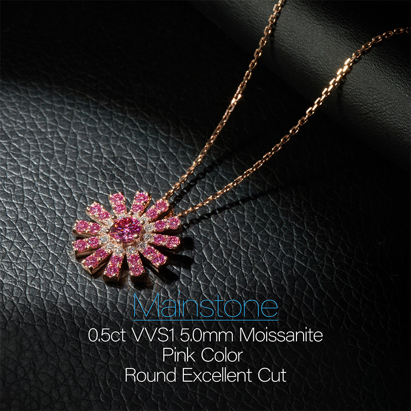 GIGAJEWE 1.2ct 9K/14K/18K Rose Solid gold 5mm Round cut Pink Moissanite Necklace,Engagement Necklace,Wedding Necklace,Women Gifts
