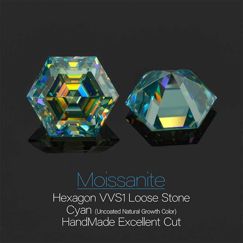 GIGAJEWE Moissanite Hand-Cutting Hexagon Cut Cyan Color VVS1 Premium Gems Loose Diamond Test Passed Gemstone For Jewelry Making