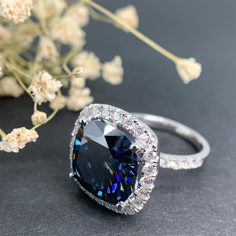 Vivid Blue Uncoated color 9ct Cushion Ring Moissanite 9K/14K/18K White Gold , Moissanite Ring, Engagement Ring, Christmas Gift