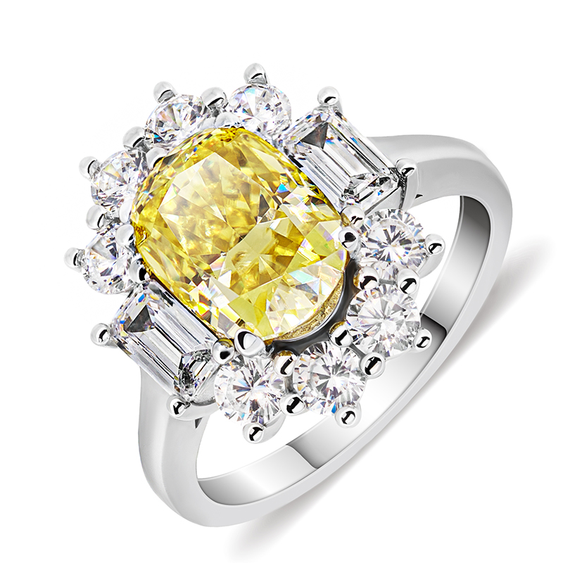 GIGAJEWE Moissanite 2.0ct 7x9mm Crushed ICe Oval Cut Vivid Yellow Color VVS1 18K White Gold Ring Jewelry Love Woman Girl Gift