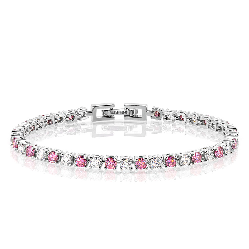 GIGAJEWE 4.3ct 3.0mmX43Pcs D Color and Pink Round Cut White Gold Plated 925 Silver Moissanite Tennis Bracelet for Engagement Bracelet