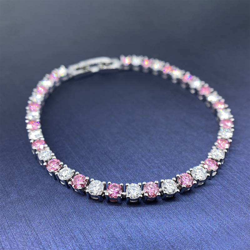 GIGAJEWE 4.3ct 3.0mmX43Pcs D Color and Pink Round Cut White Gold Plated 925 Silver Moissanite Tennis Bracelet for Engagement Bracelet