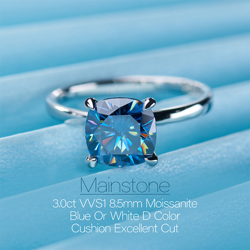 GIGAJEWE Moissanite 3.0ct 8.5mm Cushion Cut Blue Color Moissanite VVS1 18K Gold Ring Jewelry Simple Style Woman Girlfriend Gift