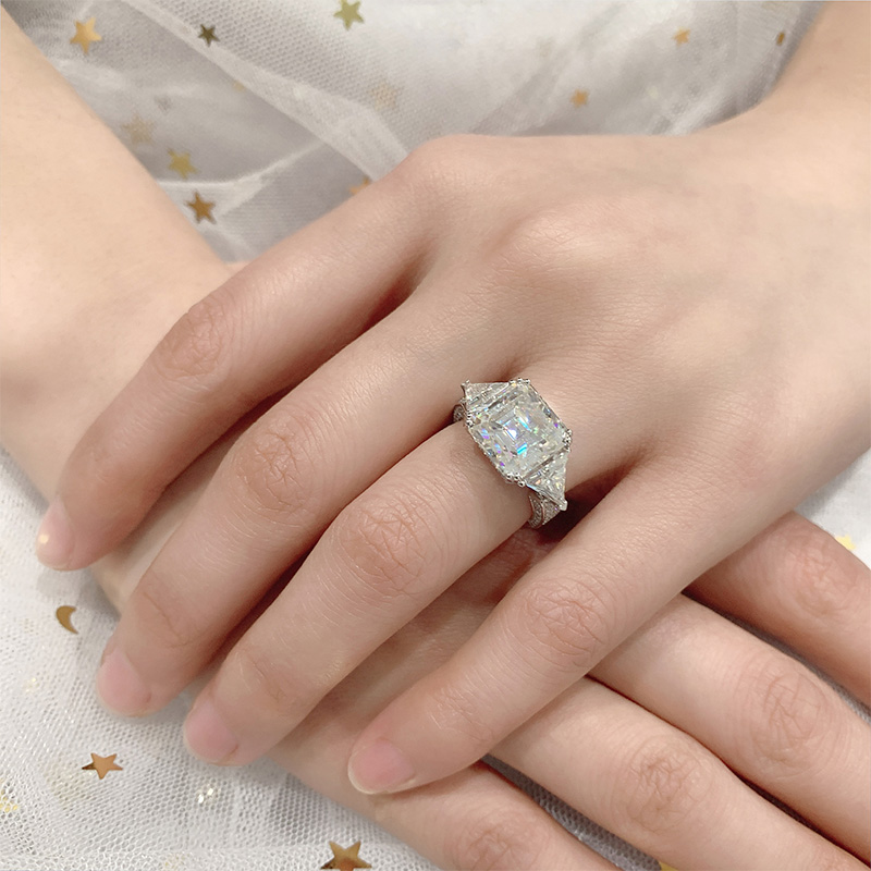 GIGAJEWE 10mm 5ct D color Asscher Cut 0.8ct Trillion Moissanite 9K/14K/18K White Gold Ring, Moissanite Ring, Wedding Ring, Engagement Ring