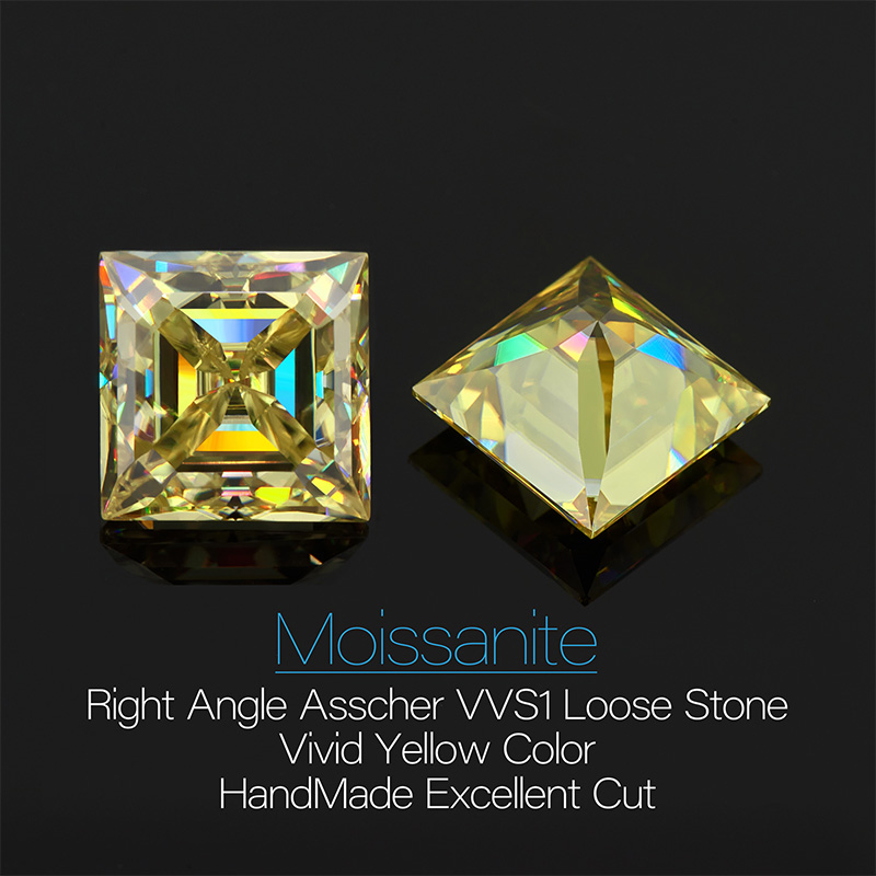 GIGAJEWE Natural Fancy Yellow Moissanite Stone Loose Gemstone Right Asscher Cut Vivid Yellow Moissanite Loose