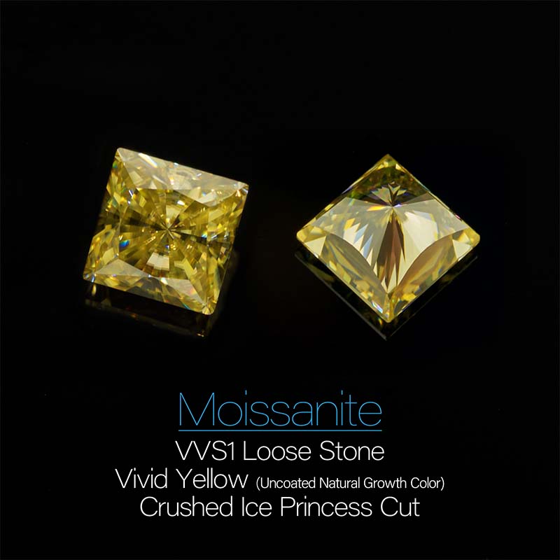 GIGAJEWE Natural Fancy Yellow Moissanite Stone Loose Gemstone Ice Crushed Cut Vivid Yellow Princess Cut Synthetic Diamond Loose Gemstones