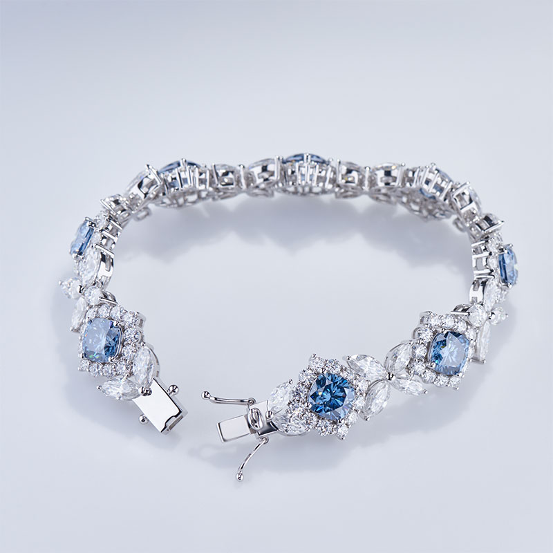 Gigajewe 35.52CT Blue and White Color Moissanite Bracelets 9K/14K/18K White Gold 136 pieces Cushion and Marquise cut shape Wedding Bracelet
