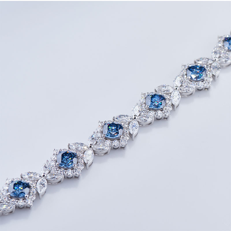 Gigajewe 35.52CT Blue and White Color Moissanite Bracelets 9K/14K/18K White Gold 136 pieces Cushion and Marquise cut shape Wedding Bracelet