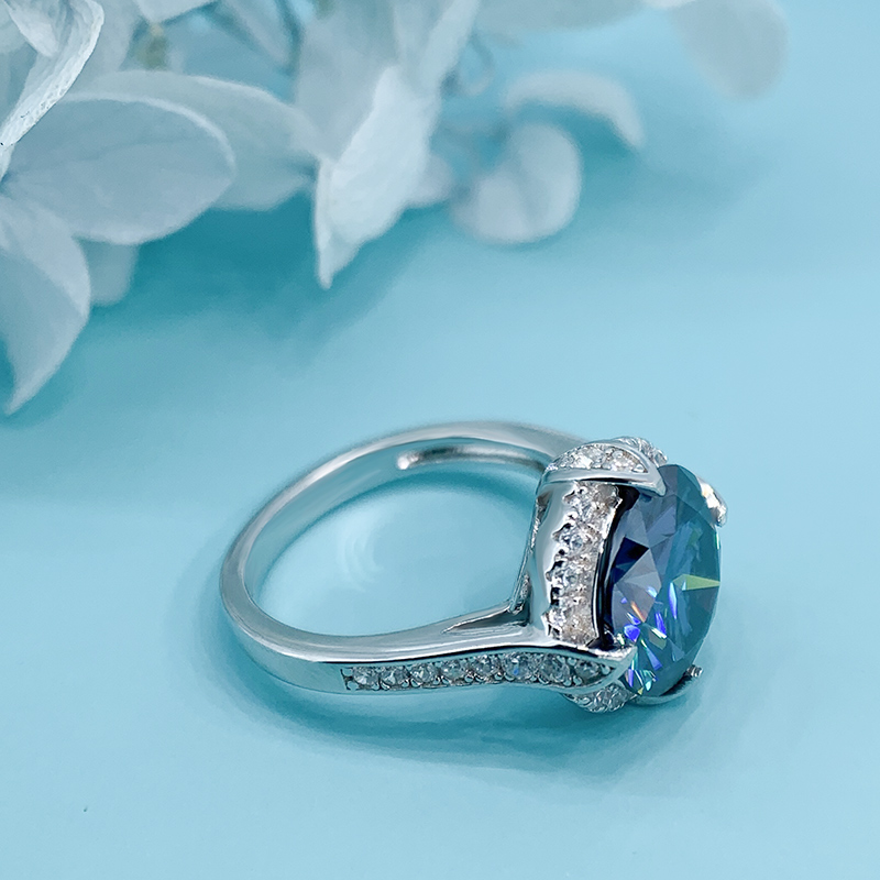 4.5ct Vivid Blue Uncoated color 10mm Round Cut Ring Moissanite 9K/14K/18K White Gold , Moissanite Ring, Engagement Ring, Mom