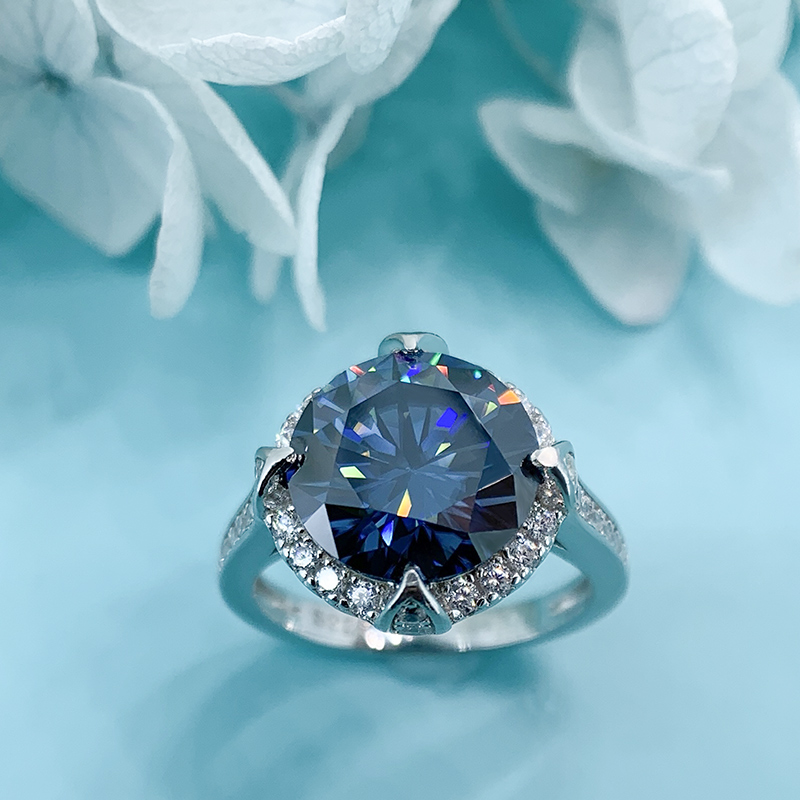 4.5ct Vivid Blue Uncoated color 10mm Round Cut Ring Moissanite 9K/14K/18K White Gold , Moissanite Ring, Engagement Ring, Mom