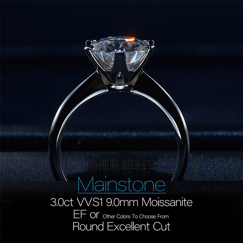 GIGAJEWE 3.0ct 9.0mm EF Round 18K White Gold Plated 925 Silver Moissanite Ring For Women Diamond Test Passed Woman Girl Gift