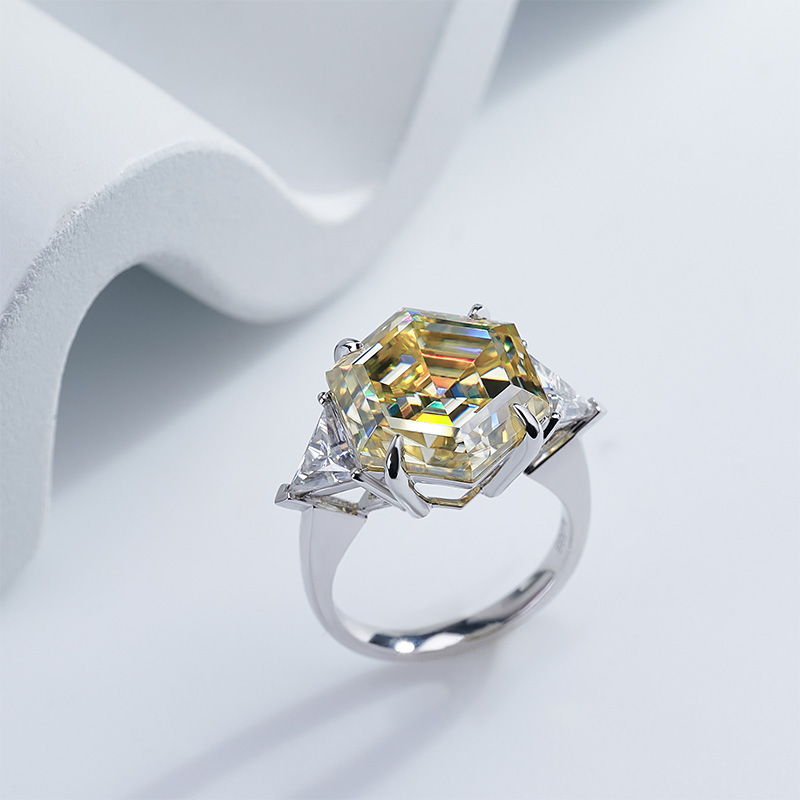 GIGAJEWE 10.2ct 9K/14K/18K White Solid gold 12mm Vivid Yellow Hexagon cut Moissanite Ring,Engagement Ring,Wedding Ring,Women Ring