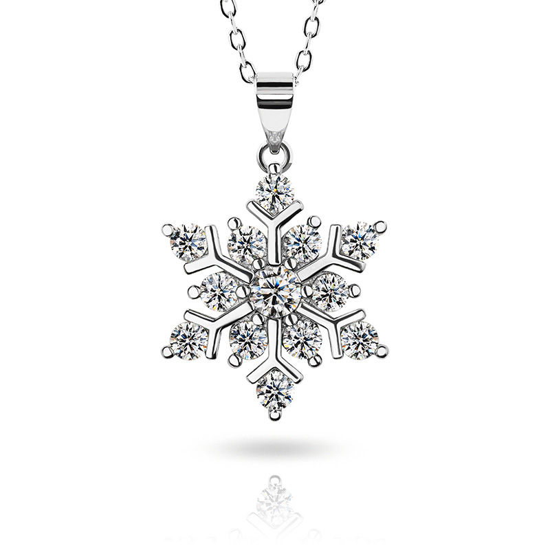 GIGAJEWE 1.0ct 925 Sterling Silver Snowflake Necklace 3mm Round Cut Blue white Green Color Moissanite Necklace , Silver Necklace