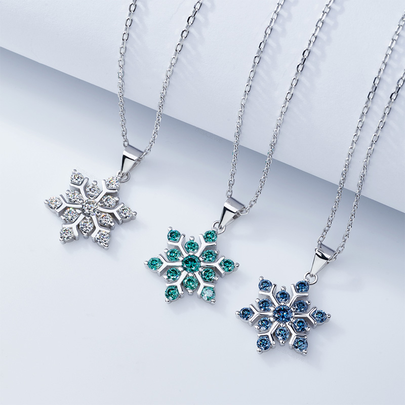 GIGAJEWE 1.0ct 925 Sterling Silver Snowflake Necklace 3mm Round Cut Blue white Green Color Moissanite Necklace , Silver Necklace