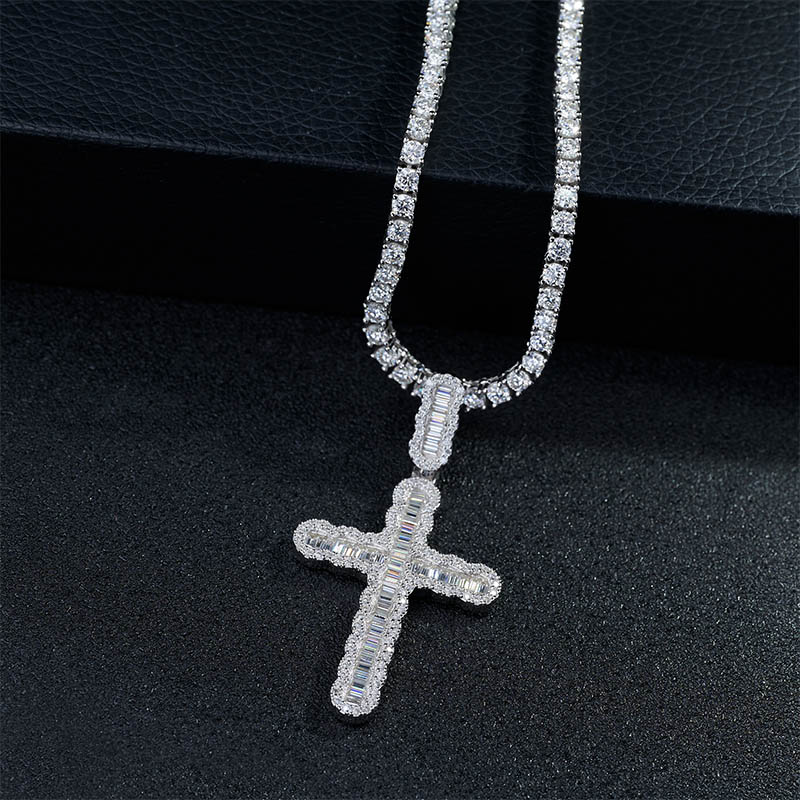 GIGAJEWE Moissanite DEF Color Baguette Cut White Gold Plated 925 Silver Cuban Chains Cross HipHop Pendant