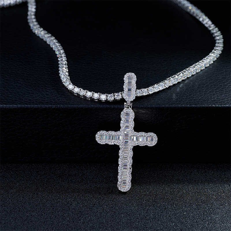 GIGAJEWE Moissanite DEF Color Baguette Cut White Gold Plated 925 Silver Cuban Chains Cross HipHop Pendant