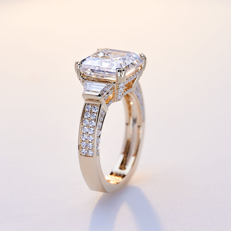 GIGAJEWE 10mm 5ct D color Asscher Cut 0.5ct Baguette Moissanite 9K/14K/18K Yellow Gold Ring, Moissanite Ring, Engagement Ring