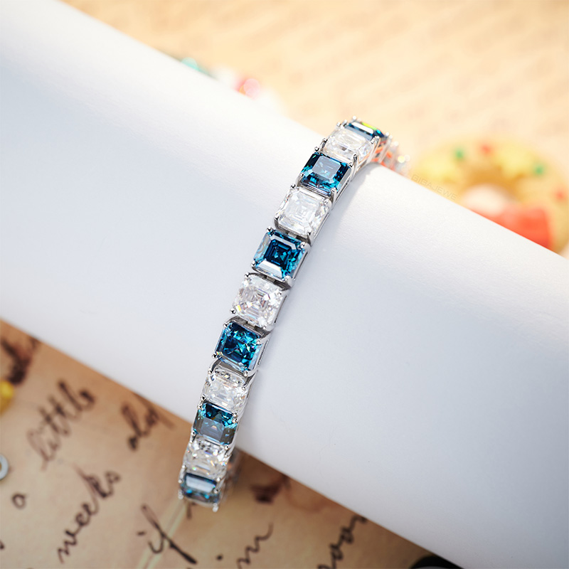 GIGAJEWE 9K/14K/18K 20-28CT White and Blue Color Moissanite Tennis Bracelets Asscher shape for Engagement Bracelet,Wedding Bracelet
