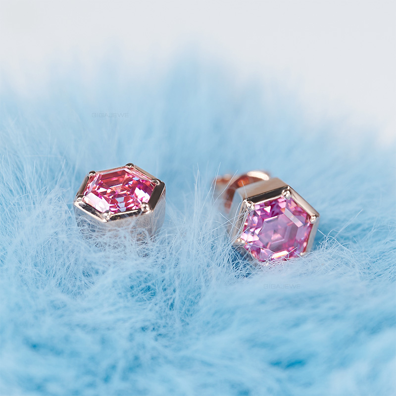GIGAJEWE 1ct/pair Rose Gold 9K/14K/18K 5mm Heaxgon Cut Pink Color Push Back Moissanite Earrings , Stud Earrings,women earring