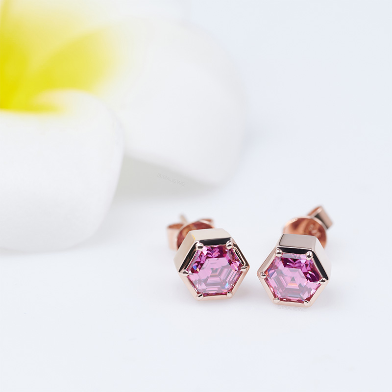 GIGAJEWE 1ct/pair Rose Gold 9K/14K/18K 5mm Heaxgon Cut Pink Color Push Back Moissanite Earrings , Stud Earrings,women earring