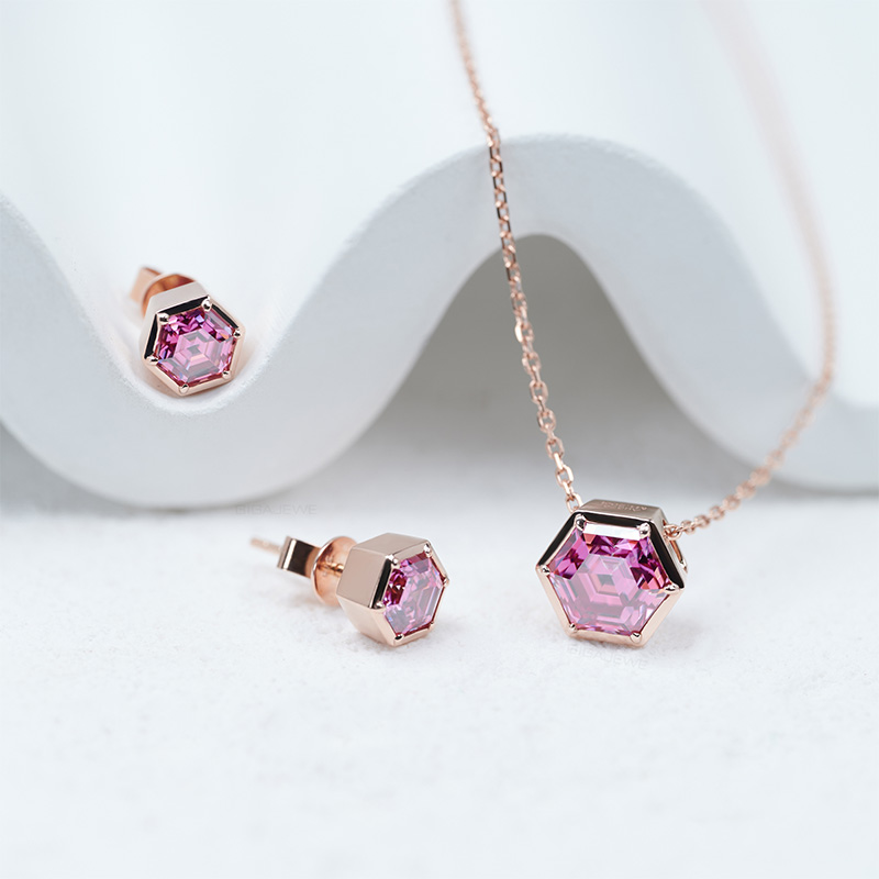 GIGAJEWE 1.2ct Rose Gold 9K/14K/18K Necklace 7mm Heagon Cut Pink Color Moissanite Necklace ,Gold Necklace,Women Gifts,Women Jewery