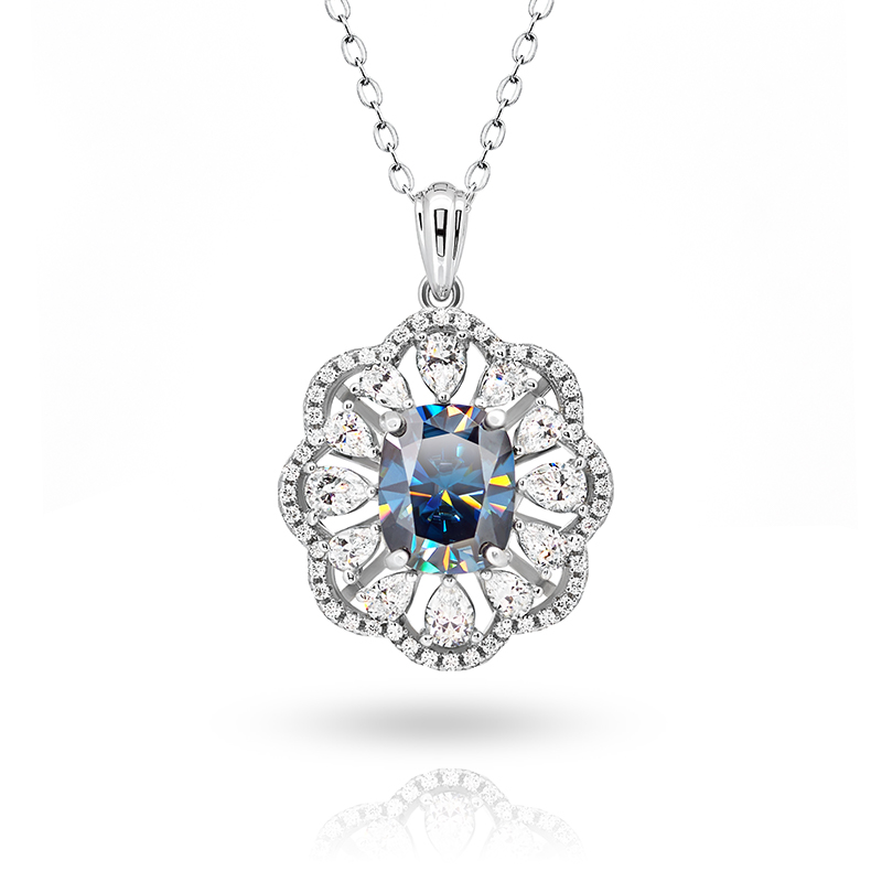 8ct White Gold 9K/14K/18K Necklace 8X10mm Cushion Cut Blue Color Moissanite Necklace , Gold Necklace,Women Gifts,Women Jewery
