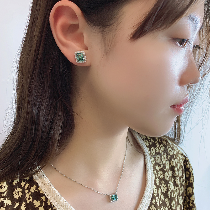 5ct White Gold 9K/14K/18K Earrings 6X8mm Emerald Cut Green Color Push Back Moissanite Earrings ,Circle Stud Earrings,mother
