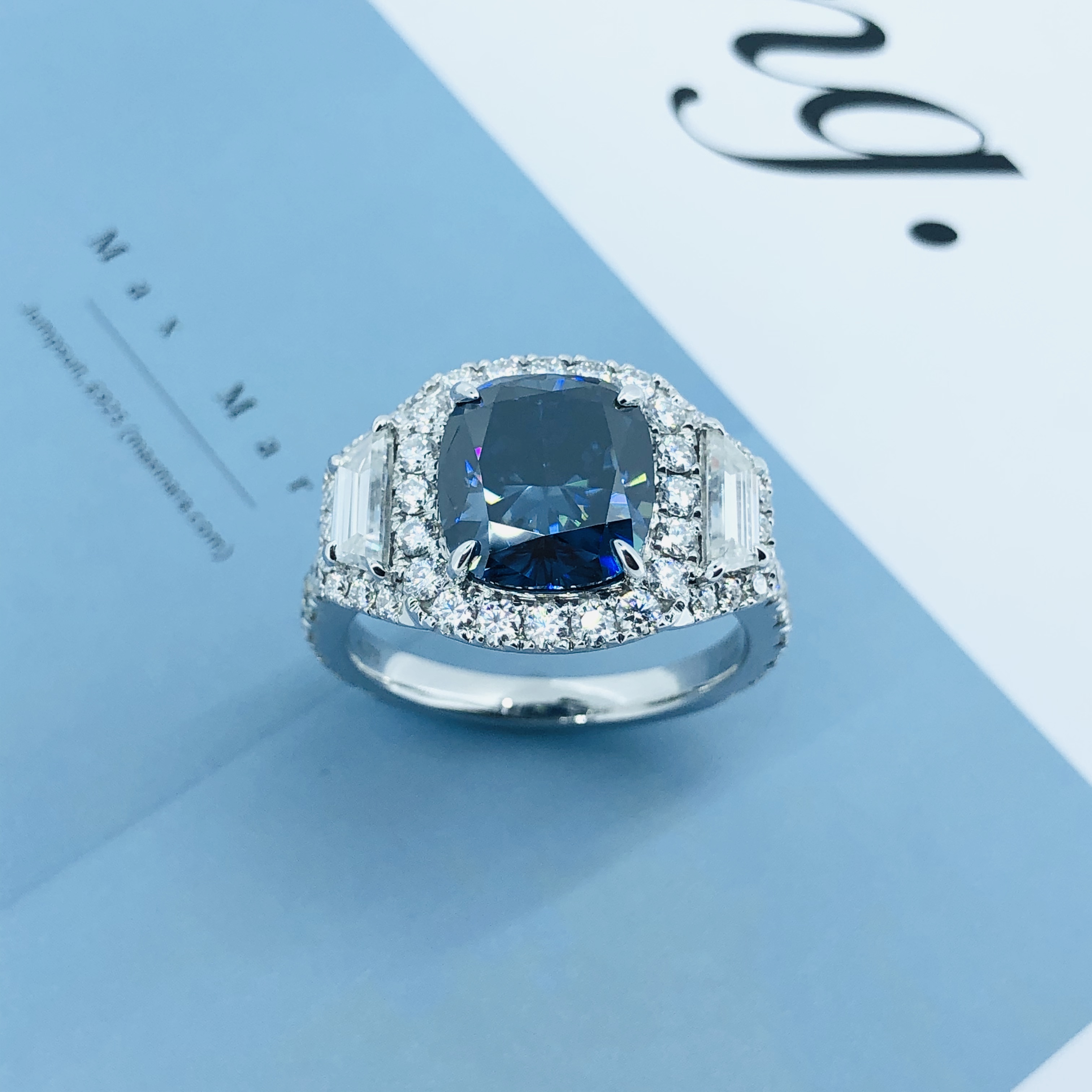 Vivid Blue Uncoated color 6.5ct Elongated Cushion Ring Moissanite 9K/14K/18K White Gold , Moissanite Ring, Engagement Ring, Christmas Gift