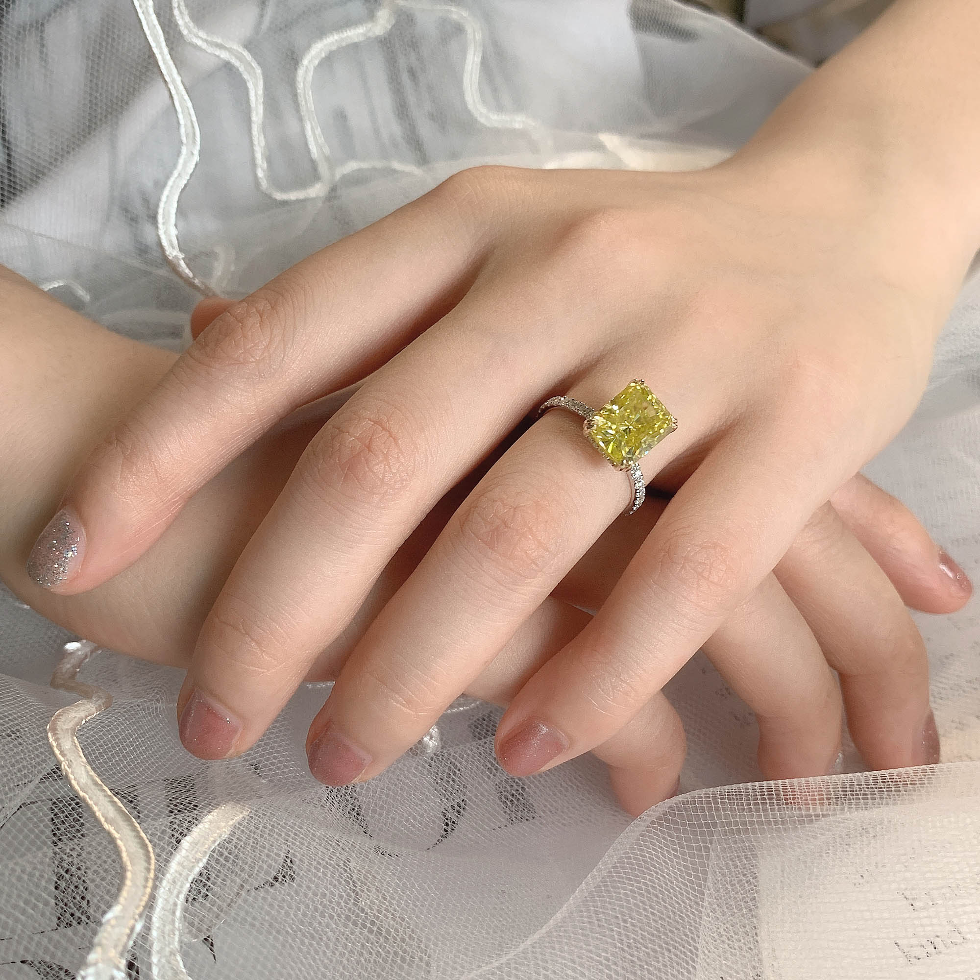 4ct Vivid Yellow Uncoated color 8X10mm Radiant Cut Ring Moissanite 9K/14K/18K White Gold , Moissanite Ring, Engagement Ring, Women Gift