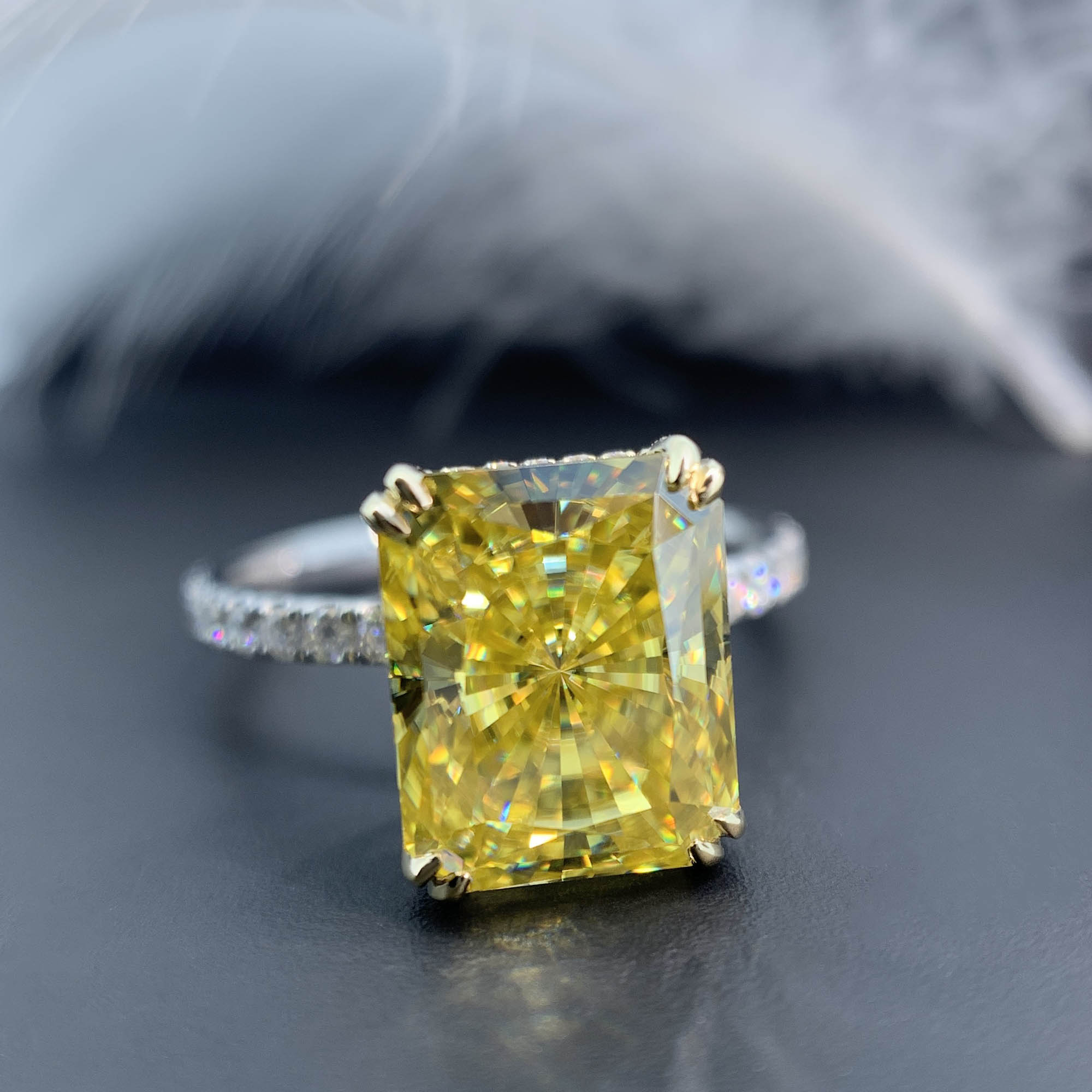 4ct Vivid Yellow Uncoated color 8X10mm Radiant Cut Ring Moissanite 9K/14K/18K White Gold , Moissanite Ring, Engagement Ring, Women Gift