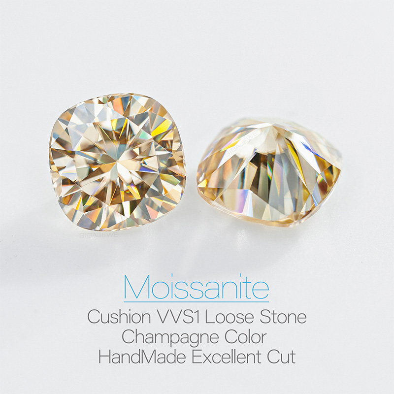 GIGAJEWE Moissanite Handmade Cushion Champagne Color VVS1 Premium Gems Loose Diamond Test Passed Gemstone For Jewelry Making