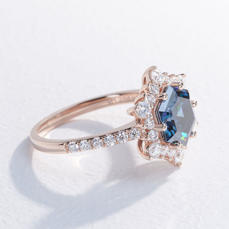 GIGAJEWE 7MM 1.2CT 9K/14K/18K Rose Solid gold Natural Blue Hexagon Step Cut Moissanite Ring,Engagement Ring,Wedding Ring,Women Ring