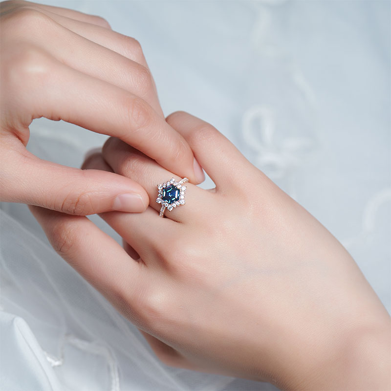 GIGAJEWE 7MM 1.2CT 9K/14K/18K Rose Solid gold Natural Blue Hexagon Step Cut Moissanite Ring,Engagement Ring,Wedding Ring,Women Ring