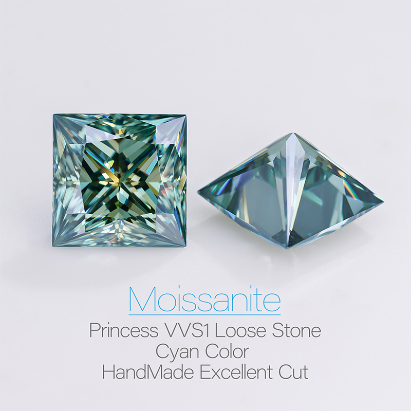 GIGAJEWE Moissanite Handmade Princess Cyan Color VVS1 Premium Gems Loose Diamond Test Passed Gemstone For Jewelry Making