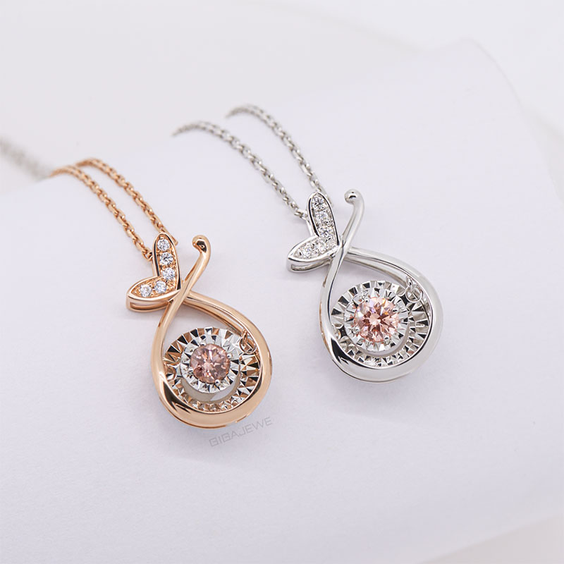 Pink color 3mm Lab Grown Diamond 14K/18K/ Rose Gold Platinum Round Cut Pink Color With side Diamond With Set Women Necklace,Apple Necklace
