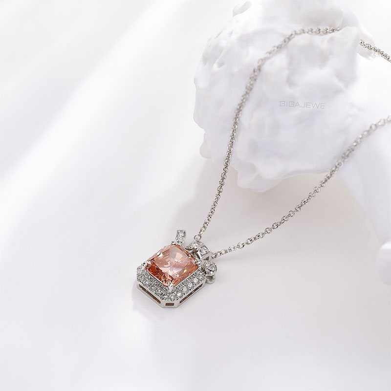Pink color 1.1ct Lab Grown Diamond 14K/18K/ Rose Gold Platinum Radiant Cut With side Diamond With Set Women Necklace