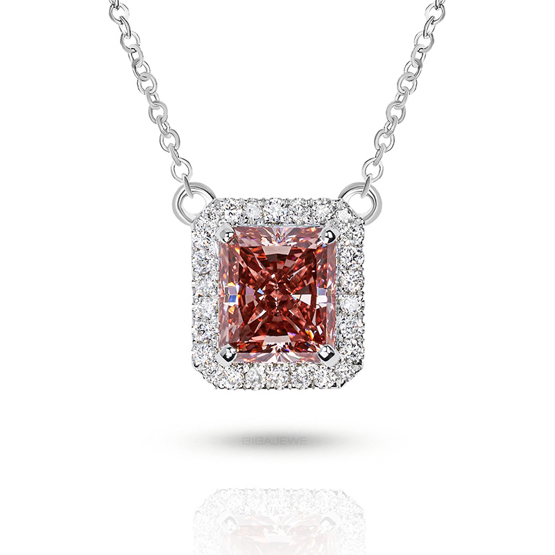 Pink color 1.1ct Lab Grown Diamond 14K/18K/ Rose Gold Platinum Radiant Cut With side Diamond With Set Women Necklace,Diamond Necklace