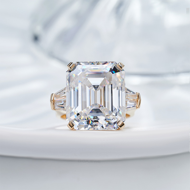 GIGAJEWE 17.8ct White D Color Emerald Cut and Baguette Moissanite 9K/14K/18K Yellow Gold , Engagement Ring, Anniversary Gift,Girlfriend gift