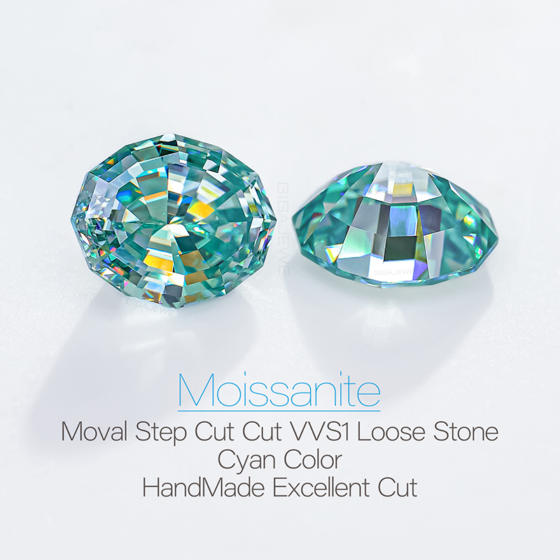 GIGAJEWE Cyan color Moval Oval Step Cut 8*10mm 3.0ct Moissanite Loose VVS1 Synthetic gemstone t With Certificate For Jewelry Making